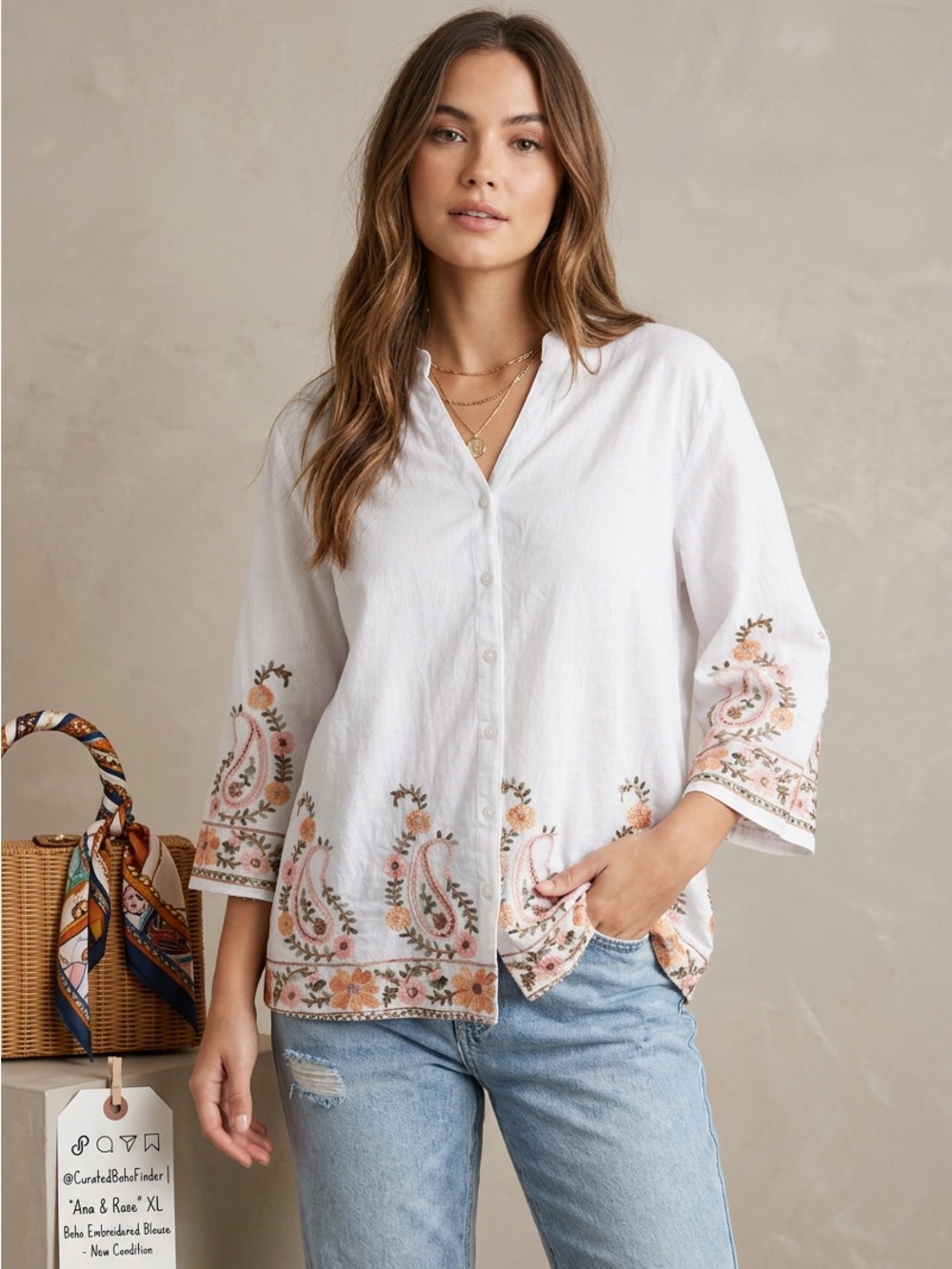 Ana & Rose Tunic White Boho Embroidered Button Front Blouse 3/4 Roll-Tab Sleeve